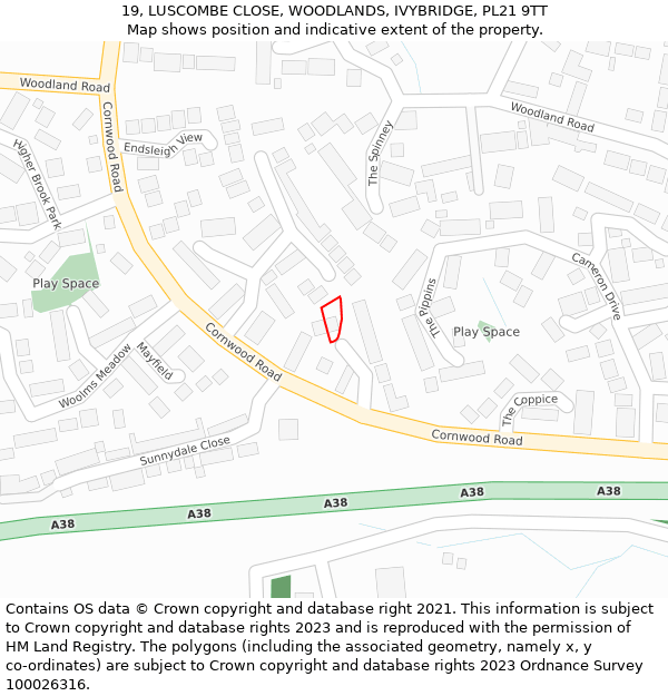 19, LUSCOMBE CLOSE, WOODLANDS, IVYBRIDGE, PL21 9TT: Location map and indicative extent of plot