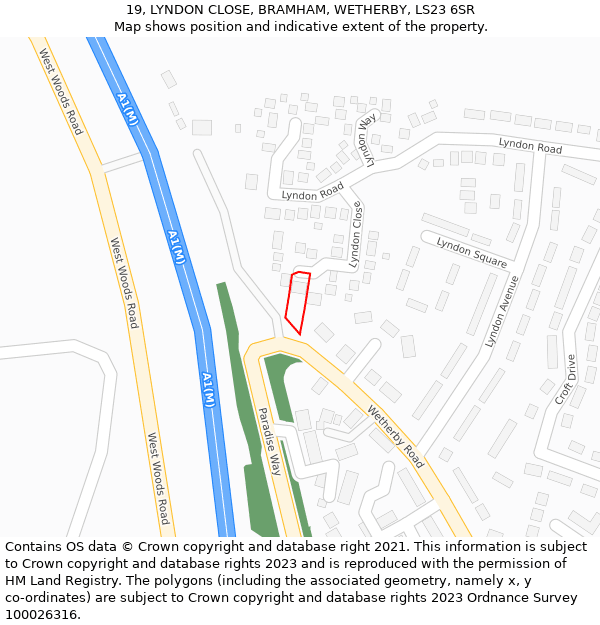 19, LYNDON CLOSE, BRAMHAM, WETHERBY, LS23 6SR: Location map and indicative extent of plot