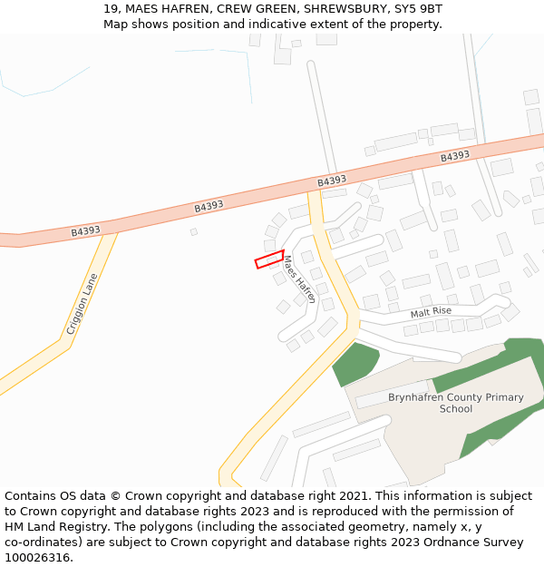 19, MAES HAFREN, CREW GREEN, SHREWSBURY, SY5 9BT: Location map and indicative extent of plot