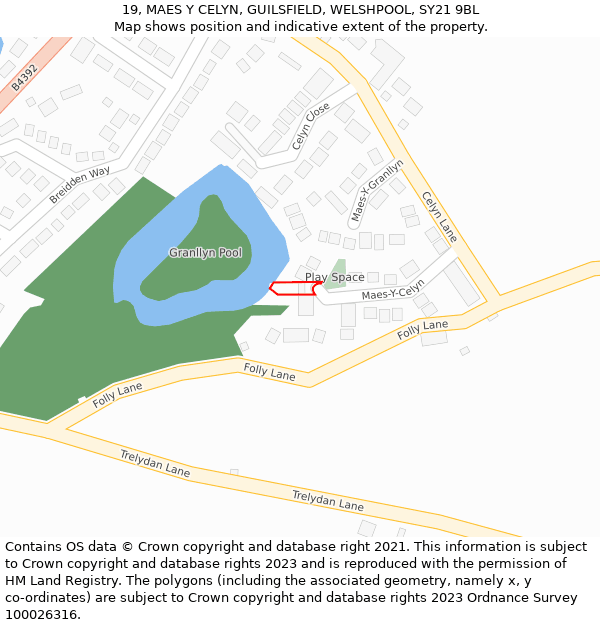 19, MAES Y CELYN, GUILSFIELD, WELSHPOOL, SY21 9BL: Location map and indicative extent of plot