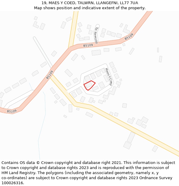 19, MAES Y COED, TALWRN, LLANGEFNI, LL77 7UA: Location map and indicative extent of plot