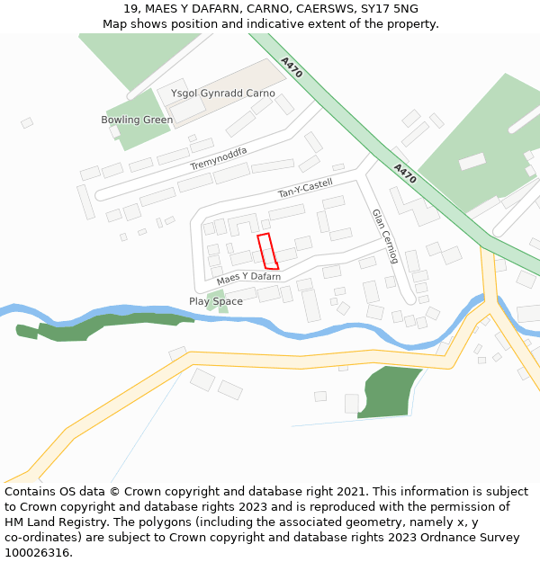 19, MAES Y DAFARN, CARNO, CAERSWS, SY17 5NG: Location map and indicative extent of plot