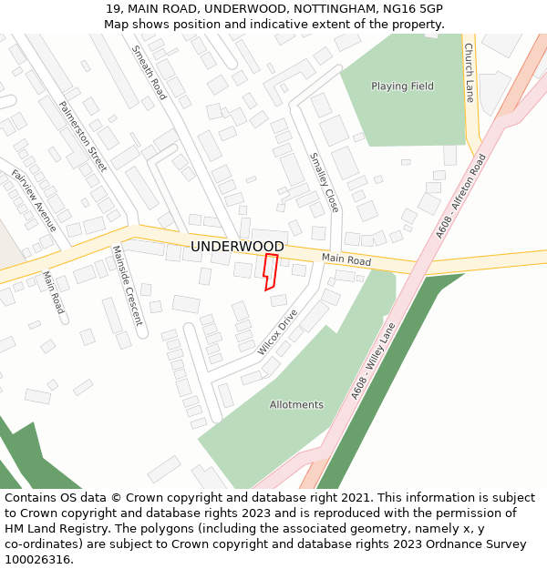 19, MAIN ROAD, UNDERWOOD, NOTTINGHAM, NG16 5GP: Location map and indicative extent of plot