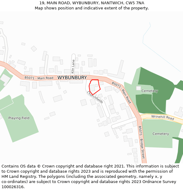 19, MAIN ROAD, WYBUNBURY, NANTWICH, CW5 7NA: Location map and indicative extent of plot