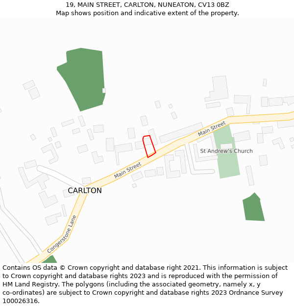 19, MAIN STREET, CARLTON, NUNEATON, CV13 0BZ: Location map and indicative extent of plot