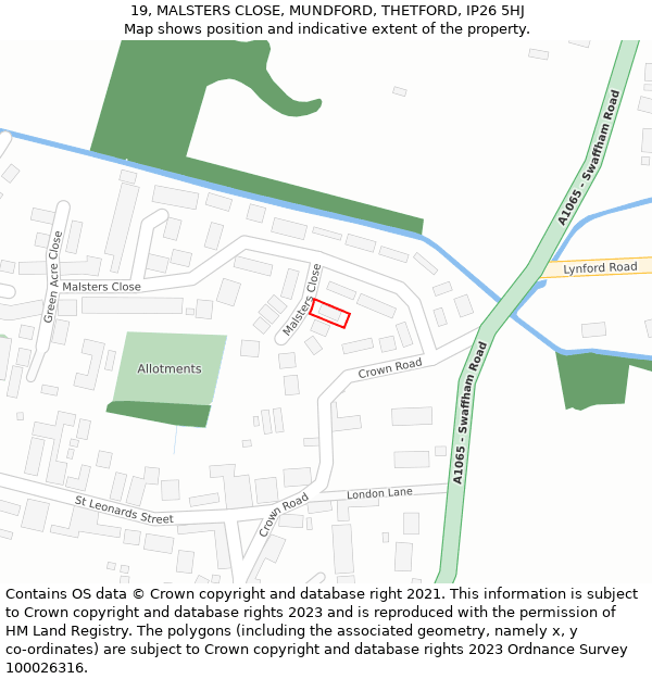 19, MALSTERS CLOSE, MUNDFORD, THETFORD, IP26 5HJ: Location map and indicative extent of plot