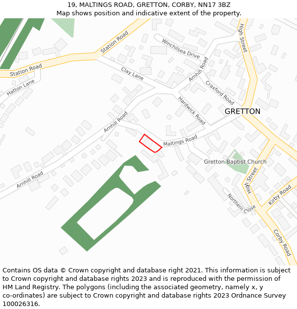 19, MALTINGS ROAD, GRETTON, CORBY, NN17 3BZ: Location map and indicative extent of plot