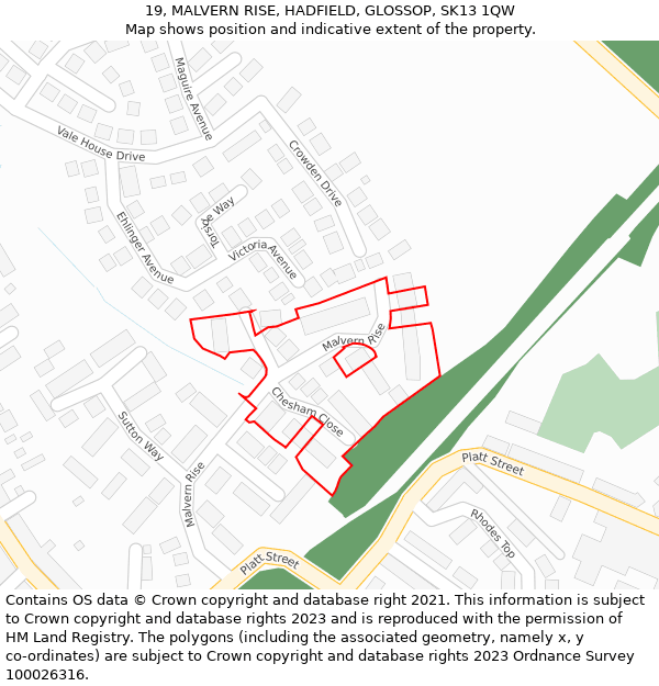 19, MALVERN RISE, HADFIELD, GLOSSOP, SK13 1QW: Location map and indicative extent of plot