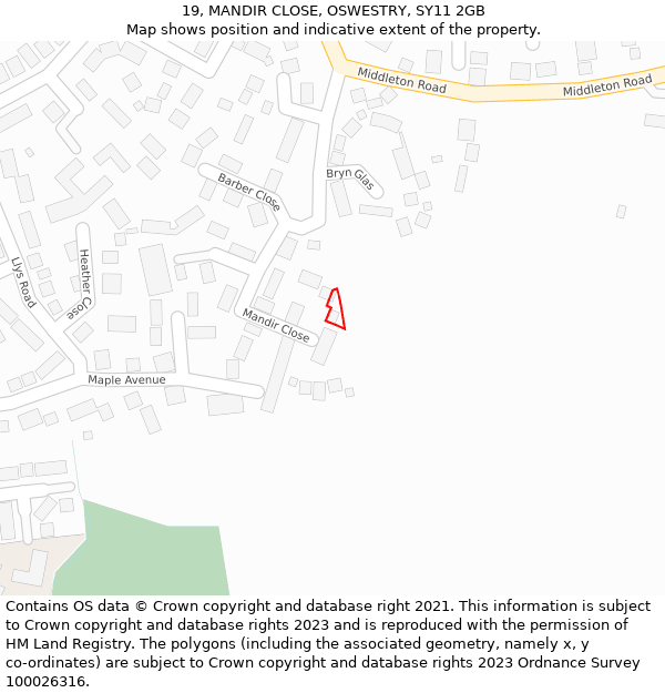 19, MANDIR CLOSE, OSWESTRY, SY11 2GB: Location map and indicative extent of plot