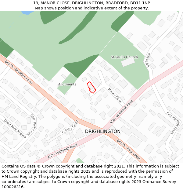 19, MANOR CLOSE, DRIGHLINGTON, BRADFORD, BD11 1NP: Location map and indicative extent of plot