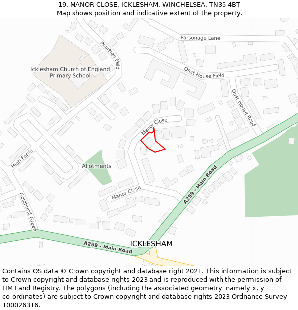 19, MANOR CLOSE, ICKLESHAM, WINCHELSEA, TN36 4BT: Location map and indicative extent of plot