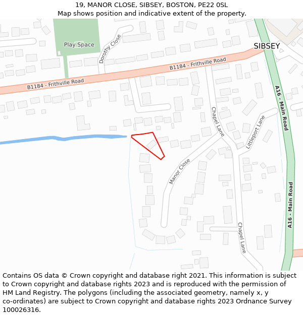 19, MANOR CLOSE, SIBSEY, BOSTON, PE22 0SL: Location map and indicative extent of plot