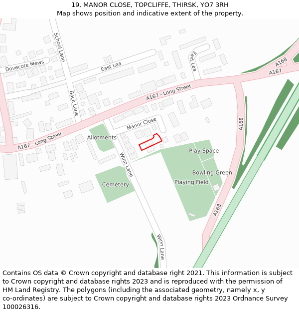 19, MANOR CLOSE, TOPCLIFFE, THIRSK, YO7 3RH: Location map and indicative extent of plot