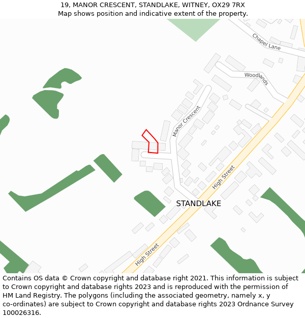 19, MANOR CRESCENT, STANDLAKE, WITNEY, OX29 7RX: Location map and indicative extent of plot