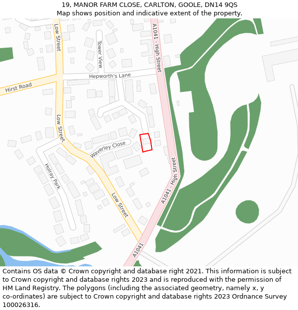 19, MANOR FARM CLOSE, CARLTON, GOOLE, DN14 9QS: Location map and indicative extent of plot