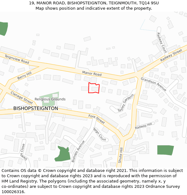 19, MANOR ROAD, BISHOPSTEIGNTON, TEIGNMOUTH, TQ14 9SU: Location map and indicative extent of plot