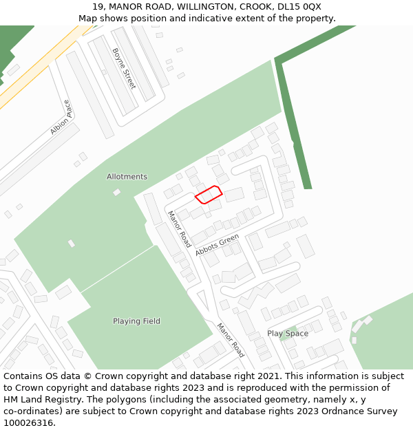 19, MANOR ROAD, WILLINGTON, CROOK, DL15 0QX: Location map and indicative extent of plot