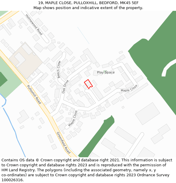 19, MAPLE CLOSE, PULLOXHILL, BEDFORD, MK45 5EF: Location map and indicative extent of plot