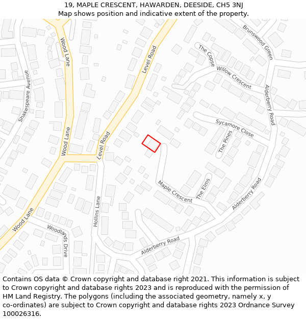 19, MAPLE CRESCENT, HAWARDEN, DEESIDE, CH5 3NJ: Location map and indicative extent of plot