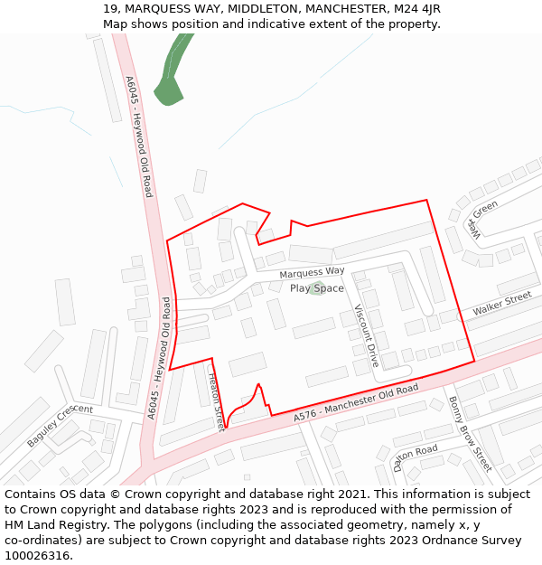 19, MARQUESS WAY, MIDDLETON, MANCHESTER, M24 4JR: Location map and indicative extent of plot