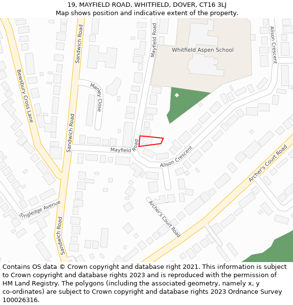 19, MAYFIELD ROAD, WHITFIELD, DOVER, CT16 3LJ: Location map and indicative extent of plot