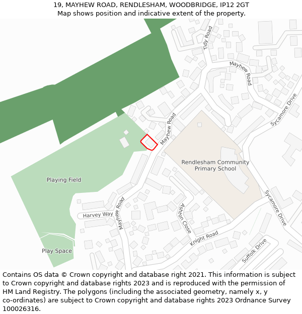 19, MAYHEW ROAD, RENDLESHAM, WOODBRIDGE, IP12 2GT: Location map and indicative extent of plot