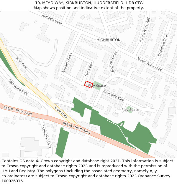 19, MEAD WAY, KIRKBURTON, HUDDERSFIELD, HD8 0TG: Location map and indicative extent of plot