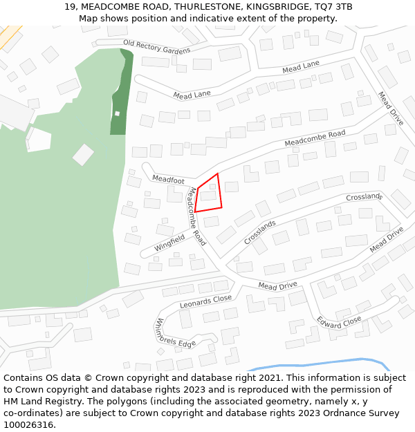19, MEADCOMBE ROAD, THURLESTONE, KINGSBRIDGE, TQ7 3TB: Location map and indicative extent of plot