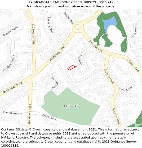 19, MEADGATE, EMERSONS GREEN, BRISTOL, BS16 7AZ: Location map and indicative extent of plot