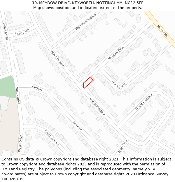 19, MEADOW DRIVE, KEYWORTH, NOTTINGHAM, NG12 5EE: Location map and indicative extent of plot