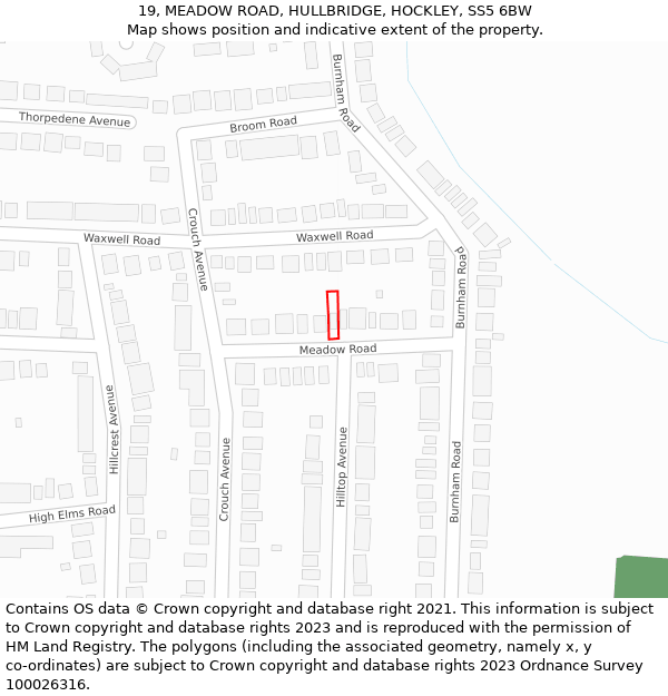 19, MEADOW ROAD, HULLBRIDGE, HOCKLEY, SS5 6BW: Location map and indicative extent of plot