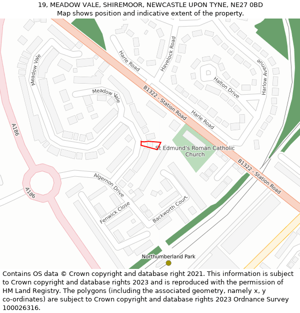 19, MEADOW VALE, SHIREMOOR, NEWCASTLE UPON TYNE, NE27 0BD: Location map and indicative extent of plot