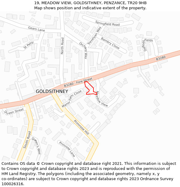 19, MEADOW VIEW, GOLDSITHNEY, PENZANCE, TR20 9HB: Location map and indicative extent of plot