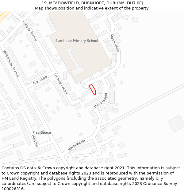 19, MEADOWFIELD, BURNHOPE, DURHAM, DH7 0EJ: Location map and indicative extent of plot