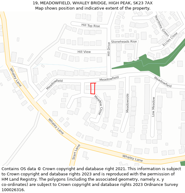 19, MEADOWFIELD, WHALEY BRIDGE, HIGH PEAK, SK23 7AX: Location map and indicative extent of plot