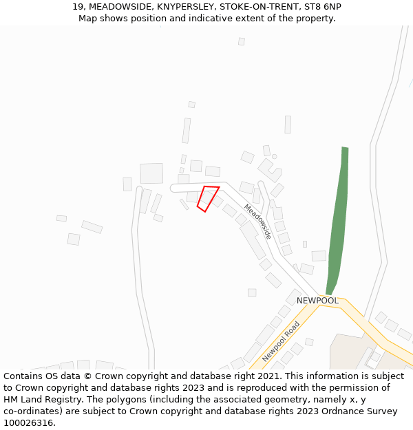 19, MEADOWSIDE, KNYPERSLEY, STOKE-ON-TRENT, ST8 6NP: Location map and indicative extent of plot