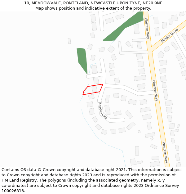 19, MEADOWVALE, PONTELAND, NEWCASTLE UPON TYNE, NE20 9NF: Location map and indicative extent of plot