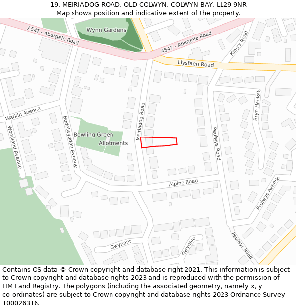 19, MEIRIADOG ROAD, OLD COLWYN, COLWYN BAY, LL29 9NR: Location map and indicative extent of plot