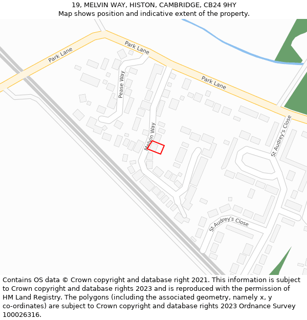 19, MELVIN WAY, HISTON, CAMBRIDGE, CB24 9HY: Location map and indicative extent of plot