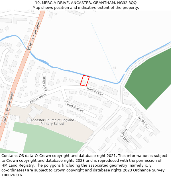 19, MERCIA DRIVE, ANCASTER, GRANTHAM, NG32 3QQ: Location map and indicative extent of plot