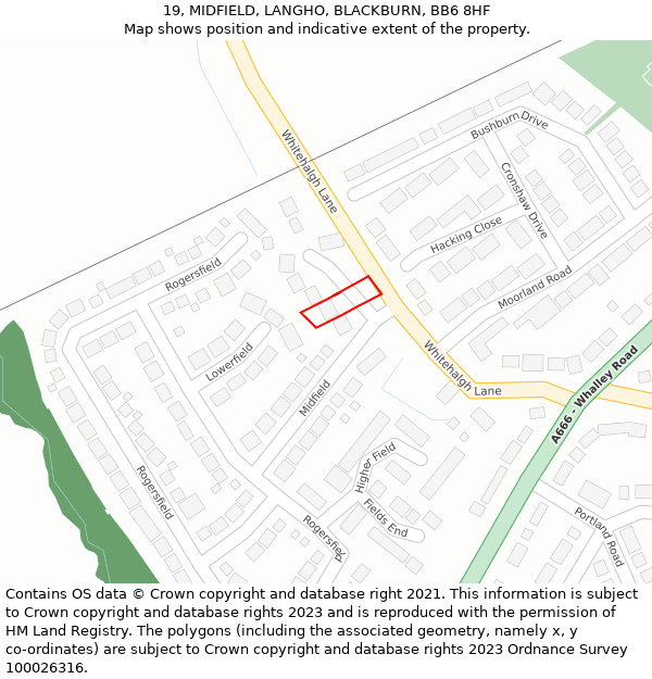 19, MIDFIELD, LANGHO, BLACKBURN, BB6 8HF: Location map and indicative extent of plot