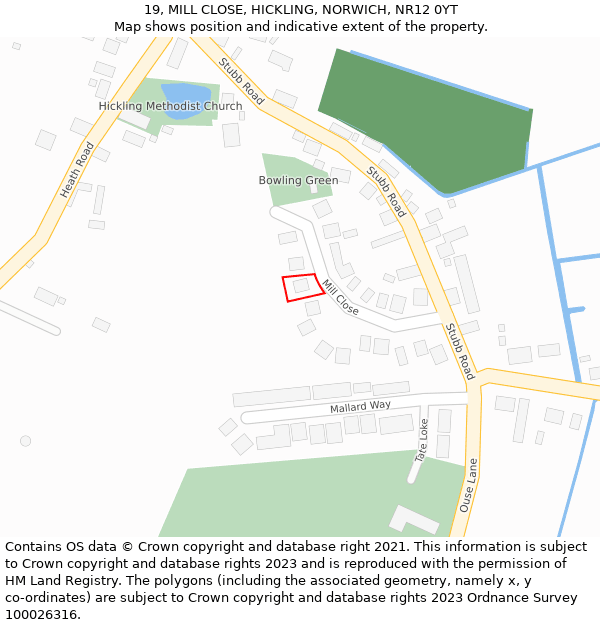 19, MILL CLOSE, HICKLING, NORWICH, NR12 0YT: Location map and indicative extent of plot