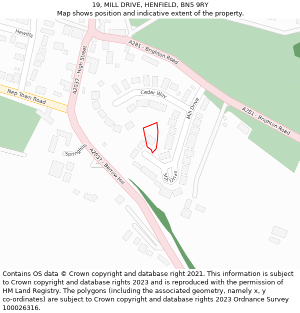 19, MILL DRIVE, HENFIELD, BN5 9RY: Location map and indicative extent of plot