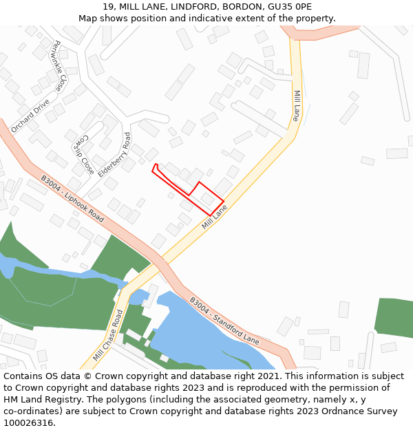 19, MILL LANE, LINDFORD, BORDON, GU35 0PE: Location map and indicative extent of plot