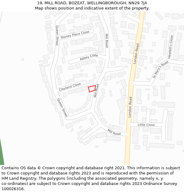 19, MILL ROAD, BOZEAT, WELLINGBOROUGH, NN29 7JA: Location map and indicative extent of plot