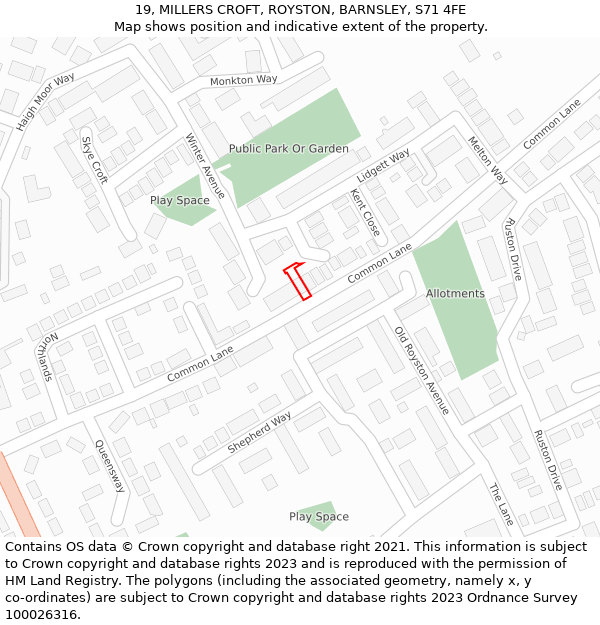 19, MILLERS CROFT, ROYSTON, BARNSLEY, S71 4FE: Location map and indicative extent of plot