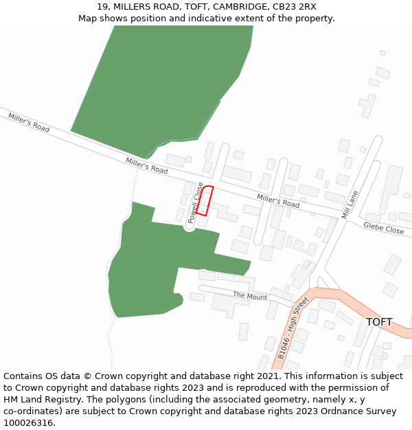 19, MILLERS ROAD, TOFT, CAMBRIDGE, CB23 2RX: Location map and indicative extent of plot