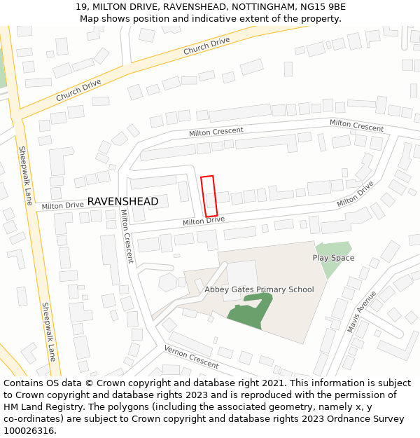 19, MILTON DRIVE, RAVENSHEAD, NOTTINGHAM, NG15 9BE: Location map and indicative extent of plot