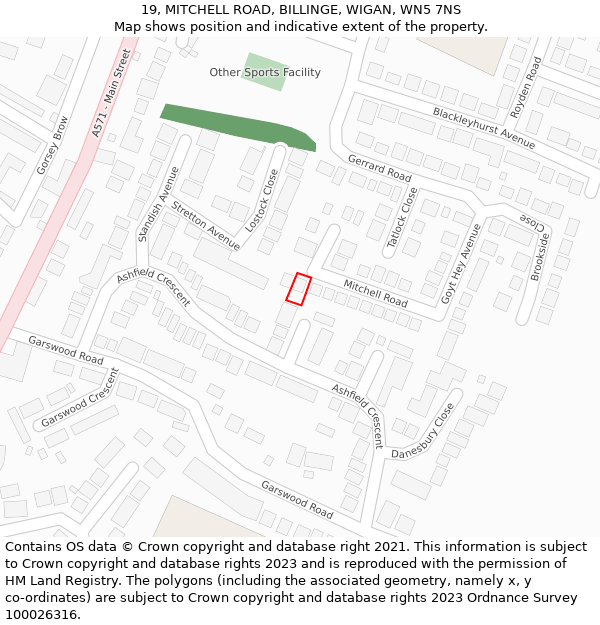 19, MITCHELL ROAD, BILLINGE, WIGAN, WN5 7NS: Location map and indicative extent of plot