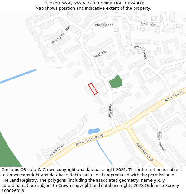 19, MOAT WAY, SWAVESEY, CAMBRIDGE, CB24 4TR: Location map and indicative extent of plot